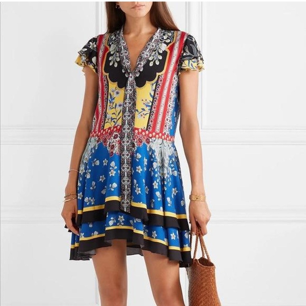Alice + Olivia Moore Floral Tie-Neck Layered Tunic S